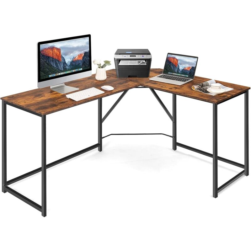 foto del prodotto costway scrivania angolare 148 cm, scrivania per computer ad angolo con telaio in metallo rinforzato, scrivania a forma di l industriale per studio