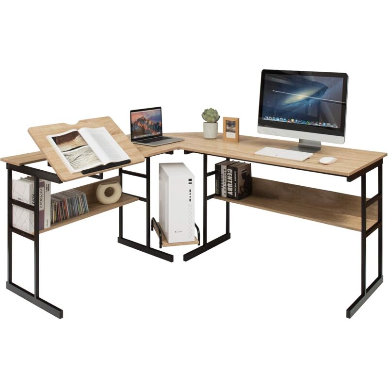 foto del prodotto costway scrivania angolare 170 cm, scrivania ad angolo per computer con piano inclinabile, scaffale inferiore e supporto per cpu, scrivania a forma