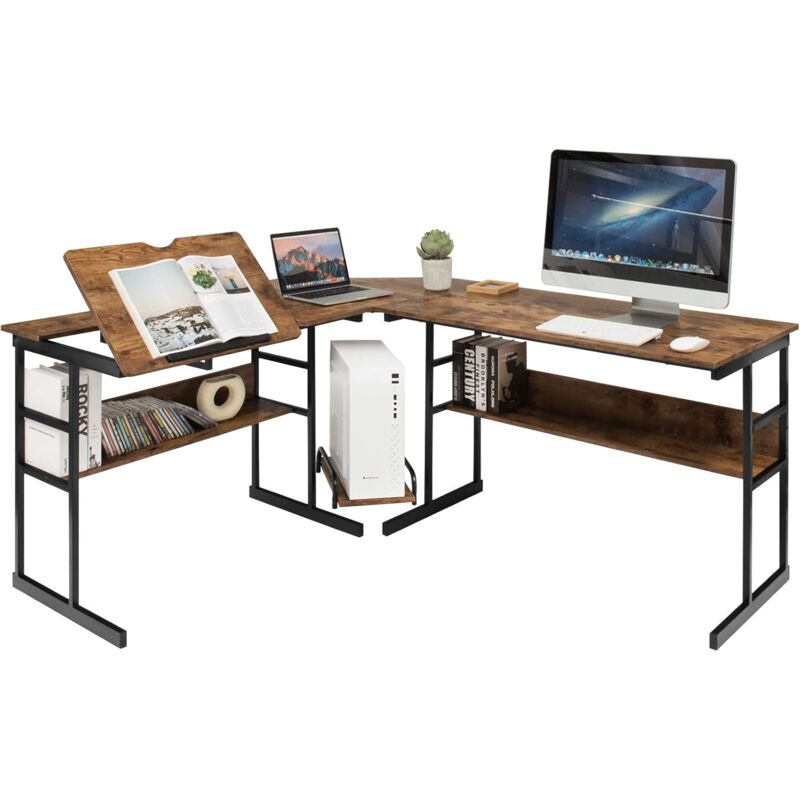 foto del prodotto costway scrivania angolare 170 cm, scrivania per computer ad angolo moderna con piano inclinabile, scaffale inferiore e supporto per cpu, scrivania