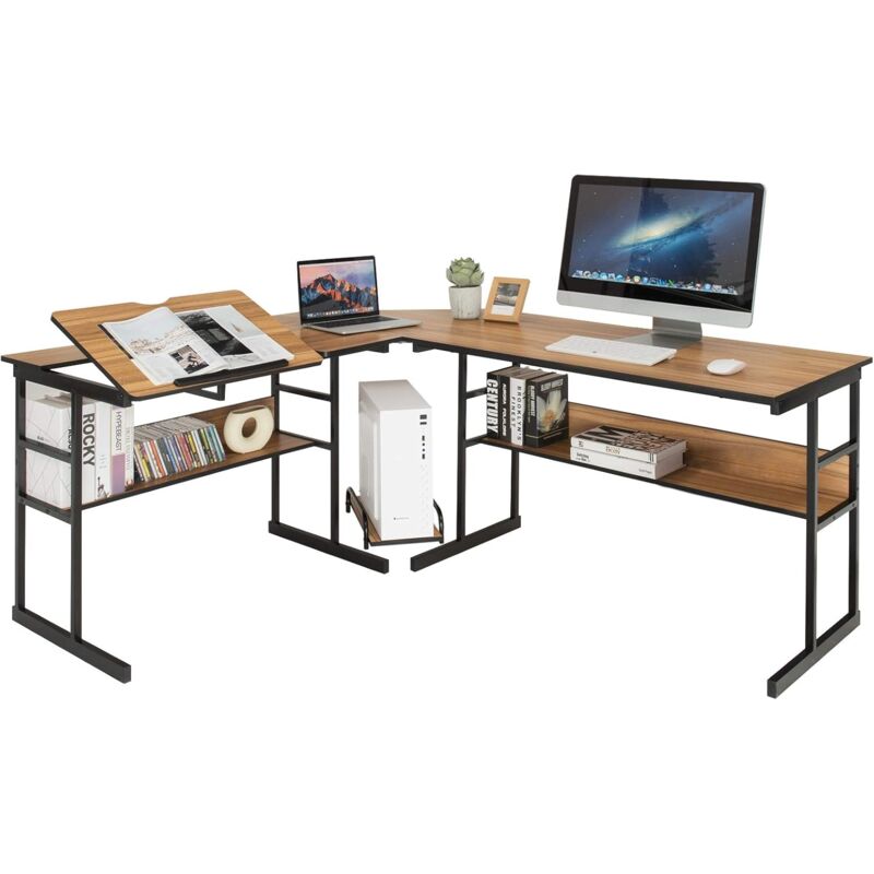 foto del prodotto costway scrivania angolare 170 cm, scrivania per computer ad angolo moderna con piano inclinabile, scaffale inferiore e supporto per cpu, scrivania