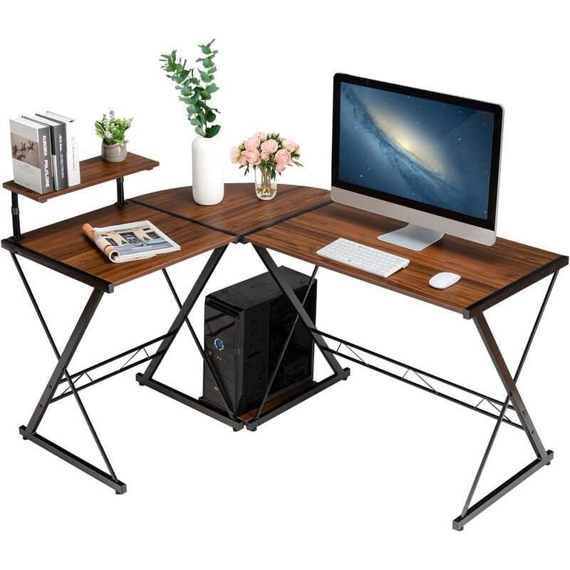 foto del prodotto costway scrivania angolare a forma l, scrivania da angolo per computer, con alzata per monitor, postazione da lavoro angolare per casa e ufficio