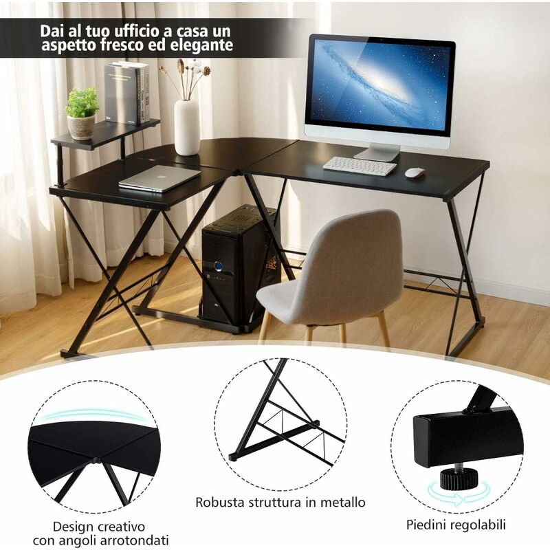 foto del prodotto costway scrivania angolare a forma l, scrivania da angolo per computer, con alzata per monitor, postazione da lavoro angolare per casa e ufficio