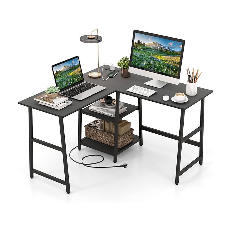 foto del prodotto costway scrivania angolare da 120 cm, scrivania a l per ufficio a casa con prese di corrente e porte usb, postazione di lavoro con ripiani per