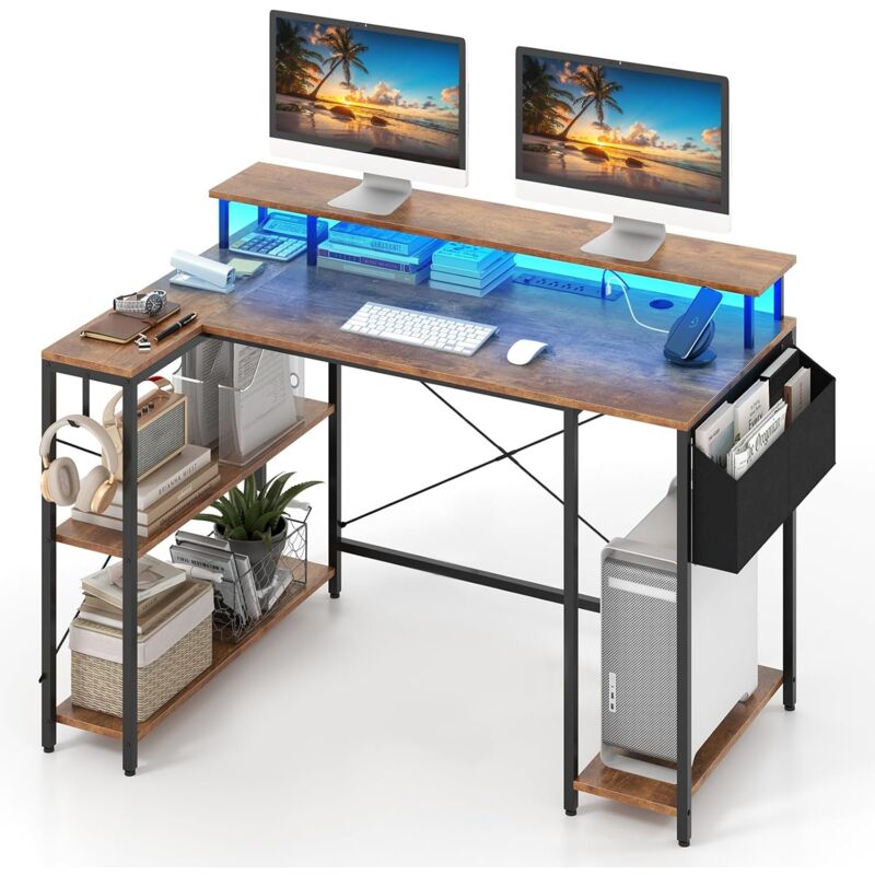 foto del prodotto costway scrivania angolare da gaming, scrivania salvaspazio a forma di l con luci led, stazione di ricarica, ripiani e supporto per monitor,