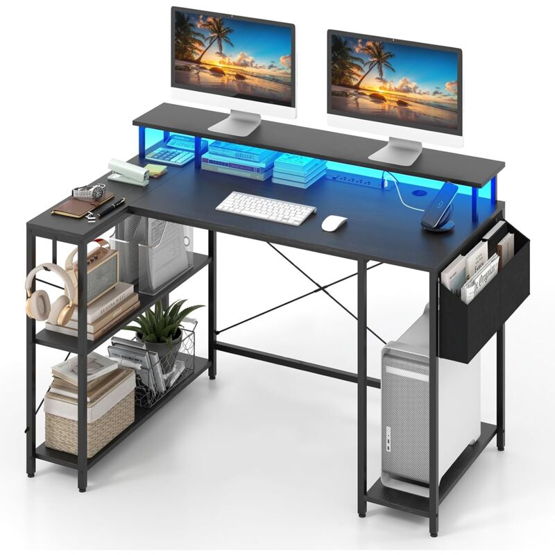 foto del prodotto costway scrivania angolare da gaming, scrivania salvaspazio a forma di l con luci led, stazione di ricarica, ripiani e supporto per monitor,