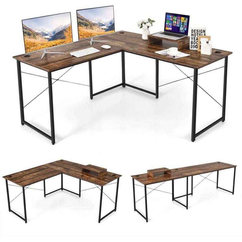 foto del prodotto costway scrivania angolare per computer con supporto per monitor, scrivania porta pc in legno, scrivania salvaspazio e moderna per ufficio e