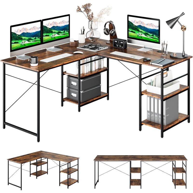 foto del prodotto costway scrivania angolare per computer con supporto per monitor, scrivania porta pc in legno, scrivania salvaspazio e moderna per ufficio e