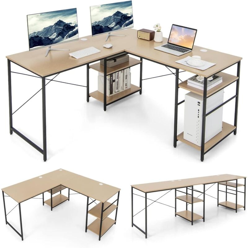 foto del prodotto costway scrivania angolare per computer con supporto per monitor, scrivania porta pc in legno, scrivania salvaspazio e moderna per ufficio e