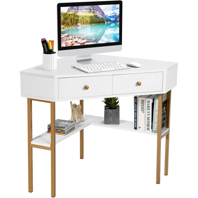 foto del prodotto costway scrivania angolare per computer in legno, scrivania porta pc con 2 cassetti e ripiani, scrivania salvaspazio e moderna per casa e ufficio,