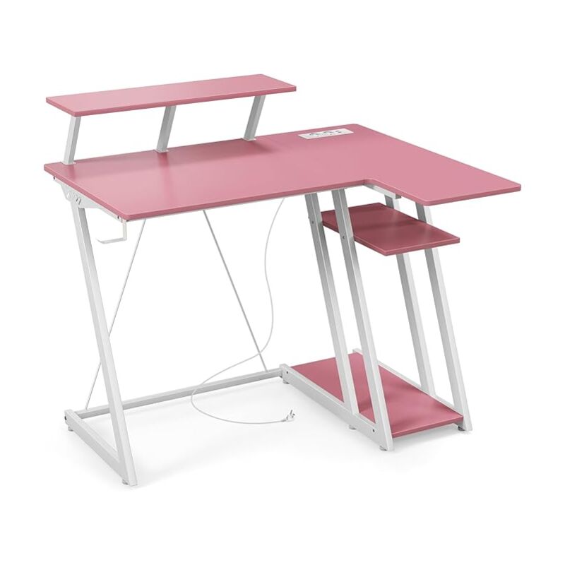 foto del prodotto costway scrivania angolare salvaspazio, scrivania da gaming con prese, porte usb, ripiano per monitor, gancio per cuffie, ripiano e supporto per