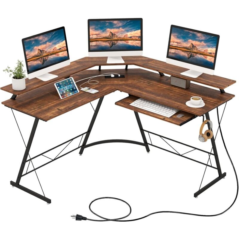 foto del prodotto costway scrivania angolare, scrivania ad angolo con presa elettrica, supporto per monitor, vassoio per tastiera e gancio per cuffie, scrivania