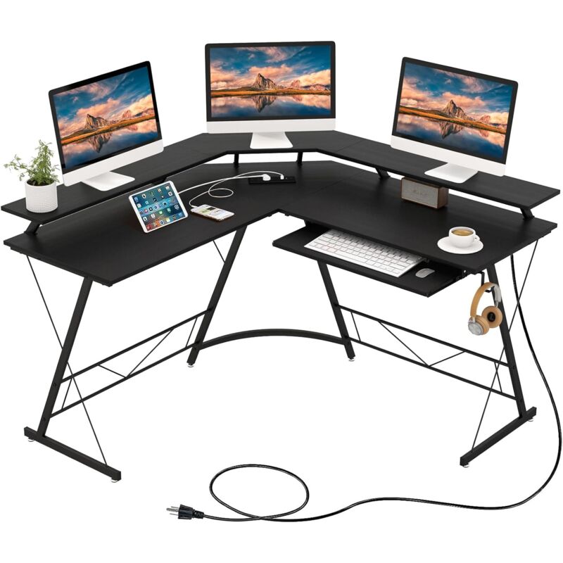 foto del prodotto costway scrivania angolare, scrivania ad angolo con presa elettrica, supporto per monitor, vassoio per tastiera e gancio per cuffie, scrivania