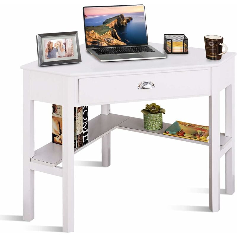 foto del prodotto costway scrivania angolare, scrivania in legno per computer, tavolo angolare con ripiano e cassetto, ideale per camera da letto studio ufficio