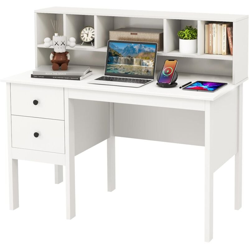 foto del prodotto costway scrivania con cassetti e libreria, scrivania moderna con prese elettriche, 5 vani, 2 cassetti e porte usb, scrivania salvaspazio da ufficio