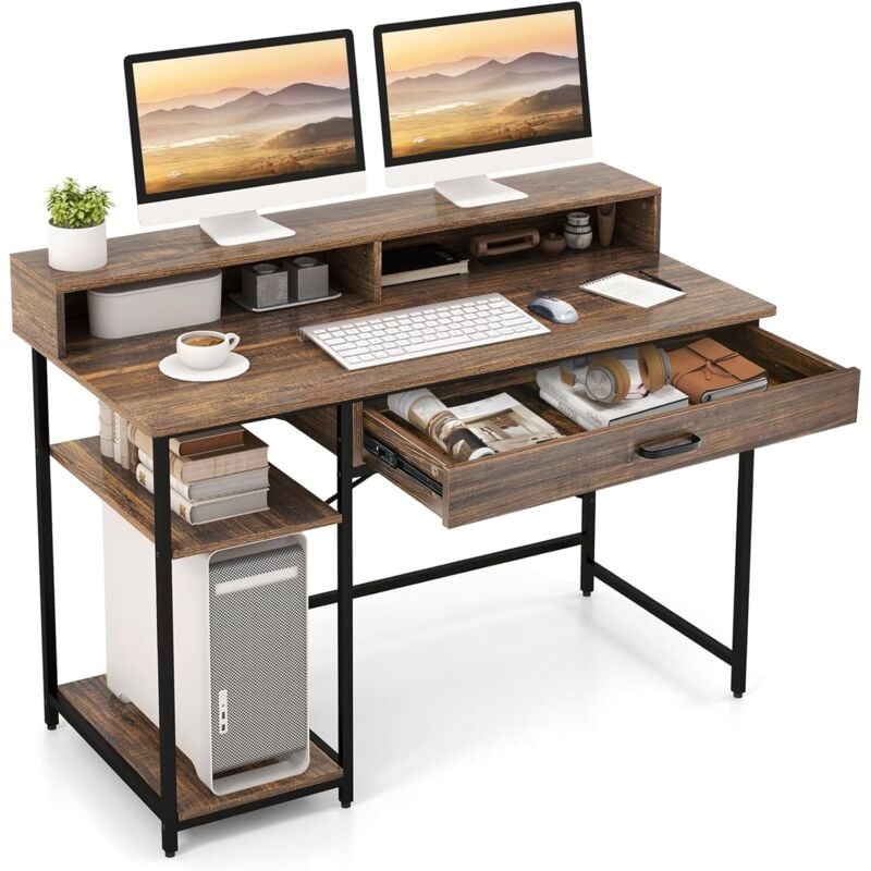 foto del prodotto costway scrivania con cassetti, supporto per monitor e ripiani aperti, scrivania salvaspazio per computer con struttura in metallo, scrittoio per