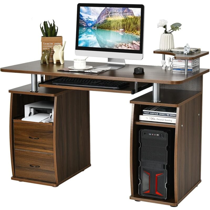 foto del prodotto costway scrivania con cassetti, vassoio per tasteriera e ripiani, scrivania porta pc e stampante in legno, scrivania salvaspazio ideale per studio