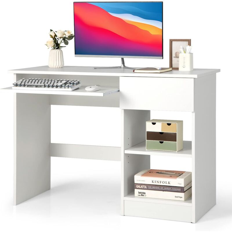 foto del prodotto costway scrivania con cassetto, scrivania per computer in legno con vassoio per tastiera estraibile, supporto per cpu e ripiani regolabili,