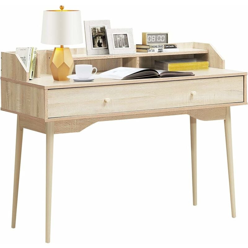 foto del prodotto costway scrivania con cassetto, tavolo per casa e ufficio con gambe resistenti in legno di gomma e 2 scompartimenti, ideale per salone studio