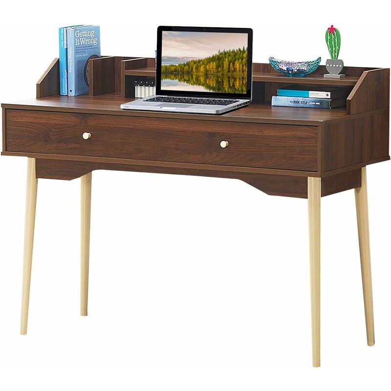 foto del prodotto costway scrivania con cassetto, tavolo per casa e ufficio con gambe resistenti in legno di gomma e 2 scompartimenti, ideale per salone studio