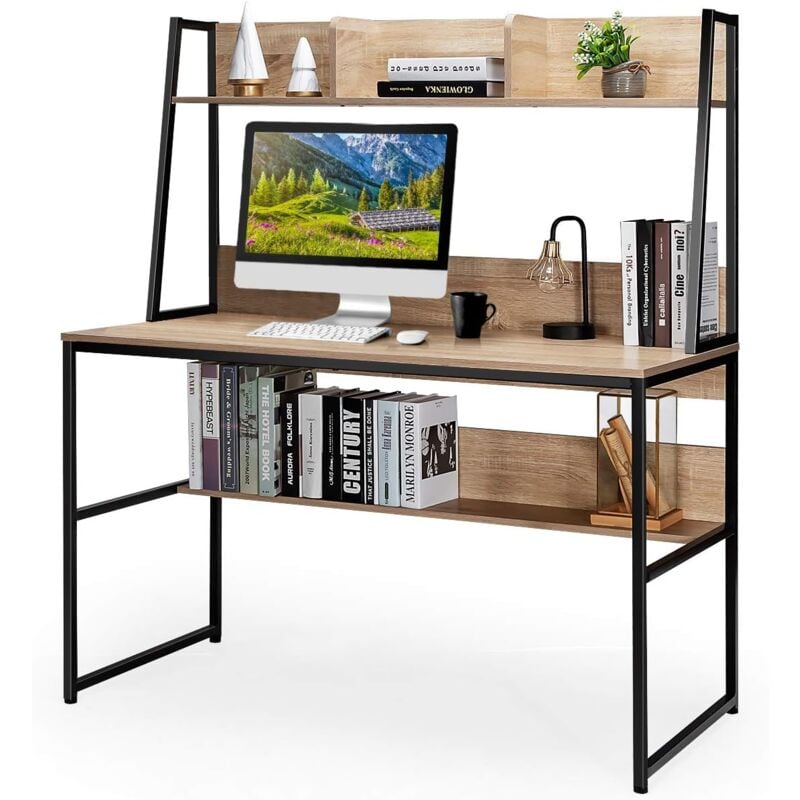 foto del prodotto costway scrivania con libreria e ripiano, scrivania salvaspazio per pc portatile con 3 scomparti e ripiano aperto, scrivania per ufficio e casa, 120
