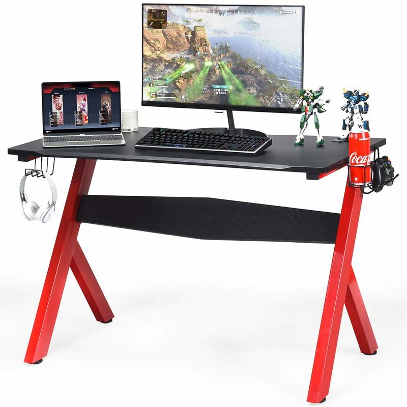 foto del prodotto costway scrivania da gaming, scrivania per computer con porta bicchiere, tavolo da gamer con superficie in fibra di carbonio, capacit di carico