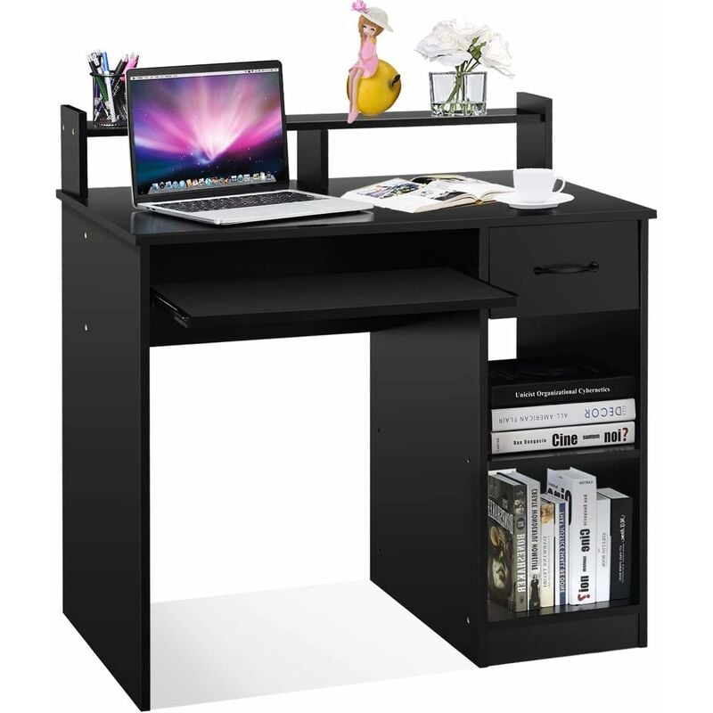 foto del prodotto costway scrivania da studio con cassetti, tavolo porta pc per computer moderno, con ripiani, legno nero 
