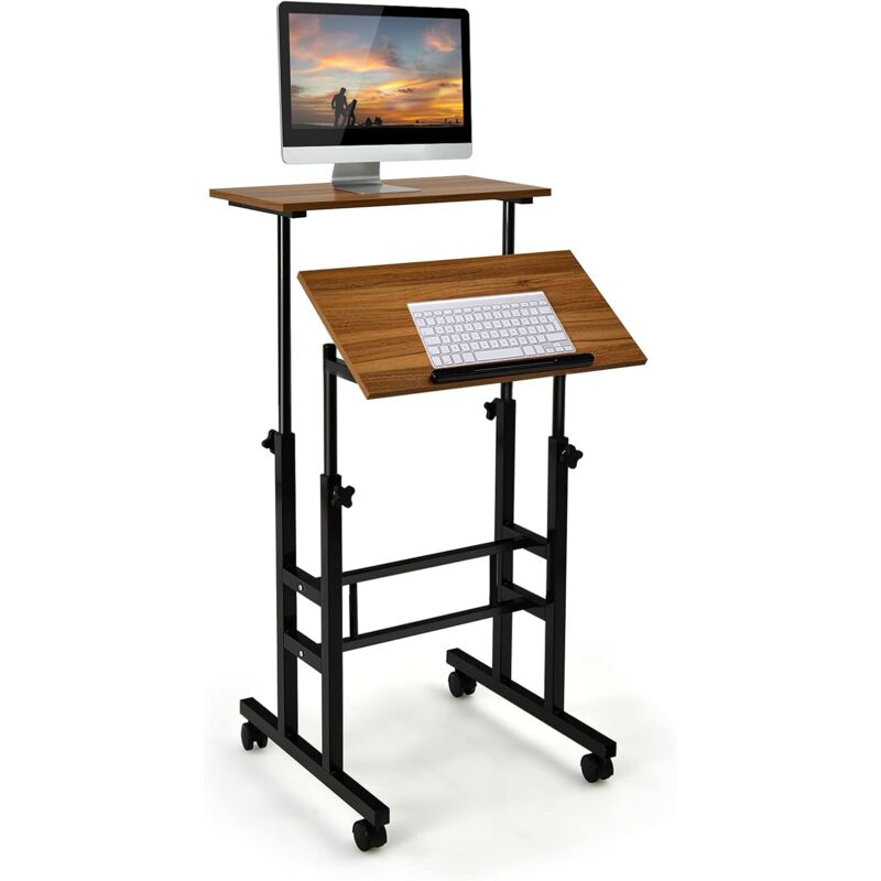 foto del prodotto costway scrivania mobile, scrivania regolabile in altezza, postazione di lavoro con ruote per computer per casa e ufficio, struttura in acciaio