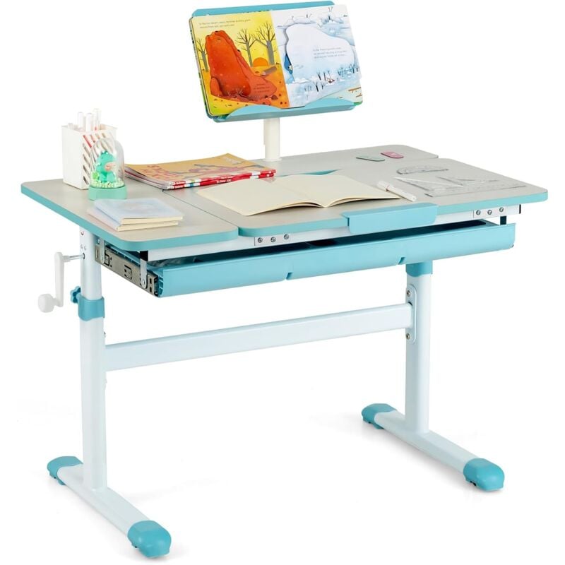 foto del prodotto costway scrivania per bambini, tavolo per studenti con regolabile in altezza, con piano ribaltabile, libreria, cassetti e righello di misurazione,