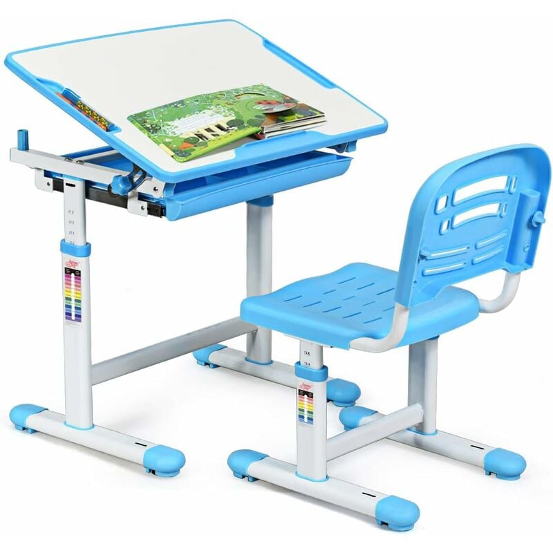 foto del prodotto costway scrivania per bambini tavolo per studenti con sedia inclinabile regolabile in altezza, ergonomica, vari colori disponibili, blu