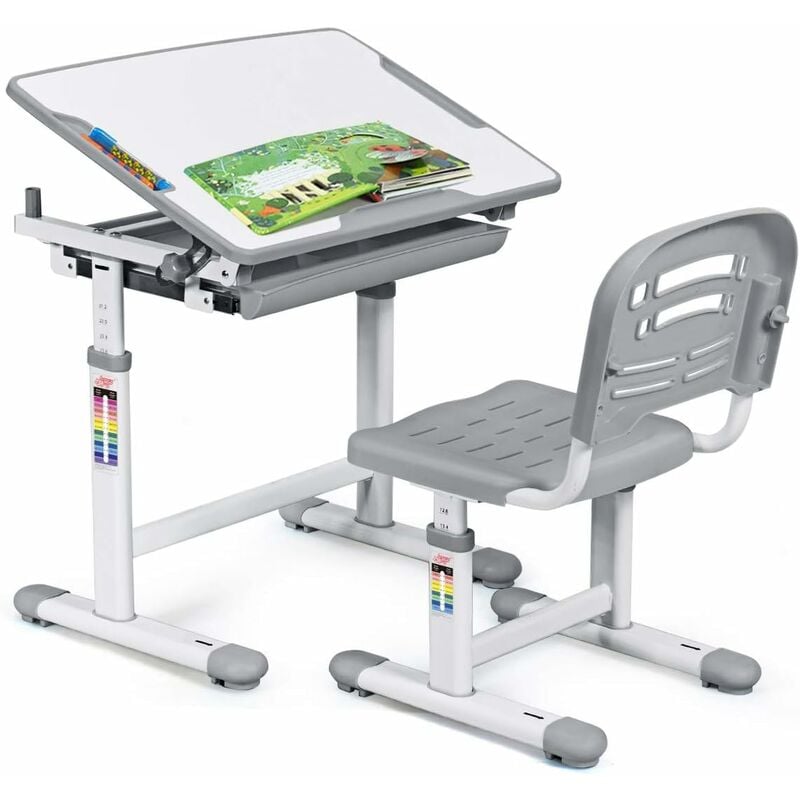 foto del prodotto costway scrivania per bambini tavolo per studenti con sedia inclinabile regolabile in altezza, ergonomica, vari colori disponibili, grigio