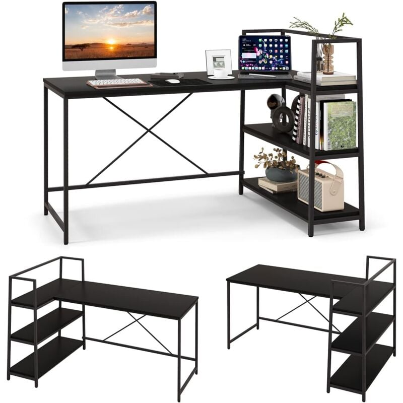 foto del prodotto costway scrivania per computer a forma di l da 148 cm, scrivania angolare reversibile con 3 ripiani aperti, per ufficio, studio, casa, 148 x 100 x