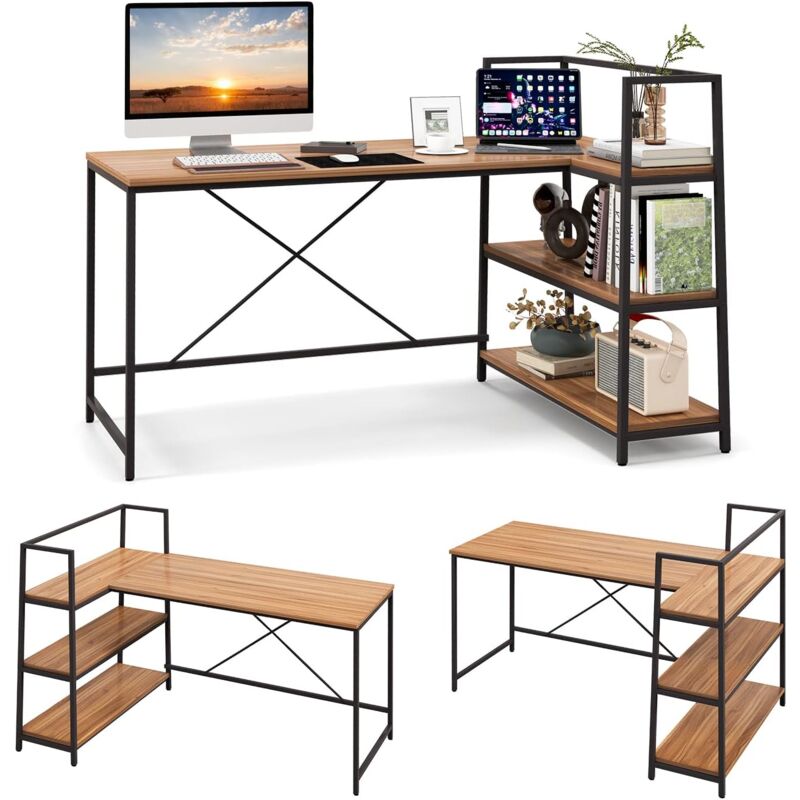 foto del prodotto costway scrivania per computer a forma di l da 148 cm, scrivania angolare reversibile con 3 ripiani aperti, per ufficio, studio, casa, 148 x 100 x