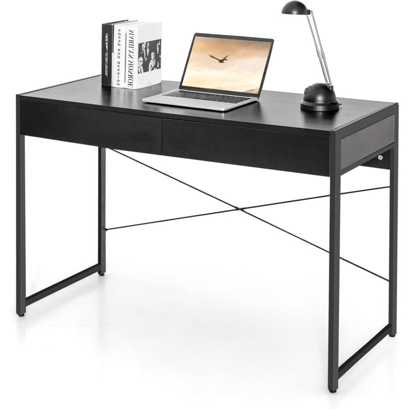 foto del prodotto costway scrivania per computer con 2 cassetti, scrivania porta pc con telaio in metallo e legno, posizione da lavoro per studio e ufficio, portata