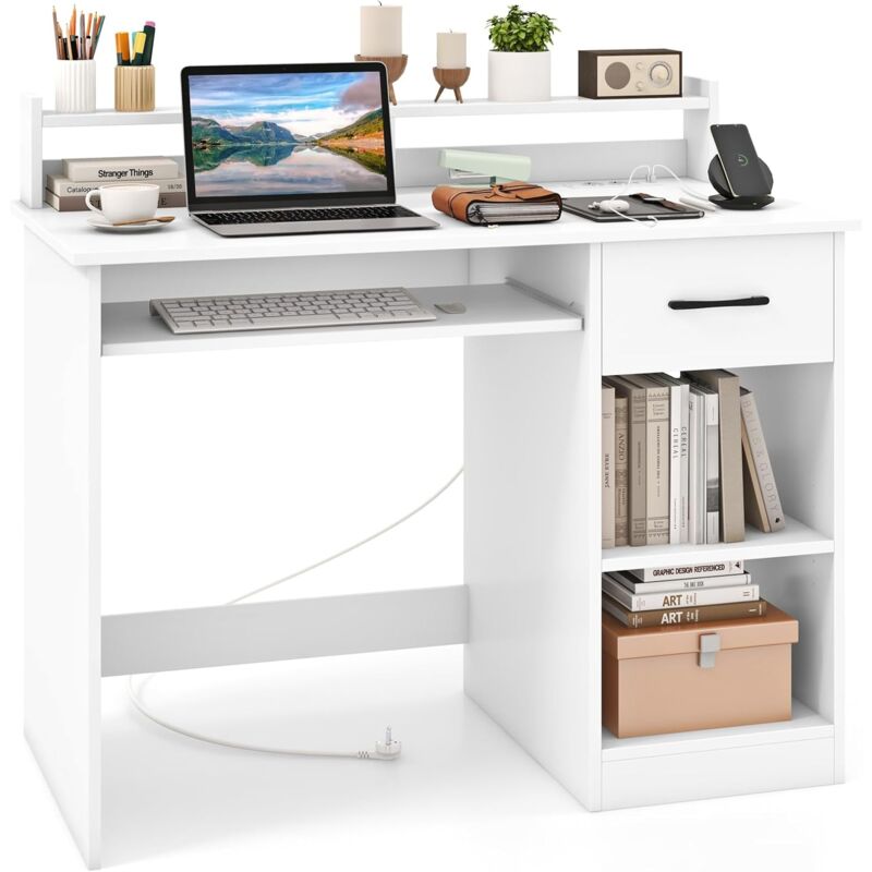 foto del prodotto costway scrivania per computer con 2 prese di corrente e prese usb, scrivania ufficio con cassetto e ripiano estraibile per tastiera, scrivania