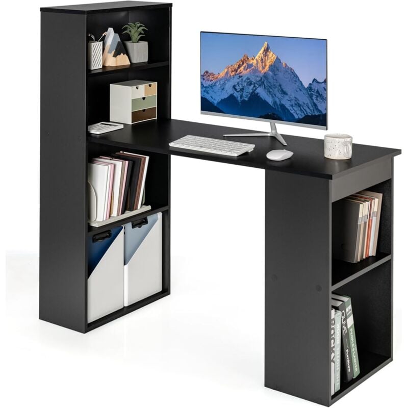 foto del prodotto costway scrivania per computer con libreria, scrivania moderna porta pc con 6 ripiani, mobile scrivania con ripiani regolabile ampia base per casa,