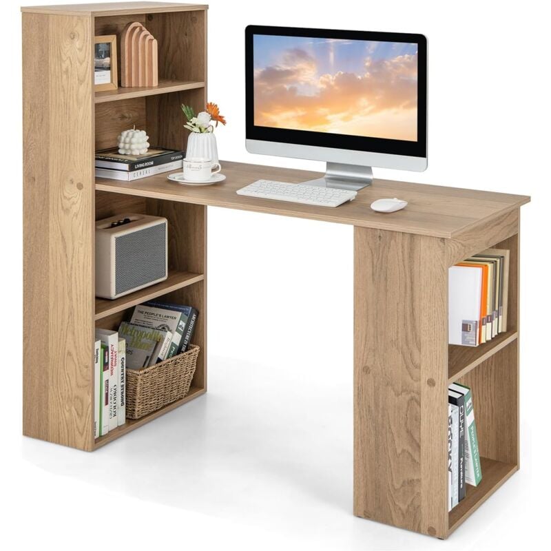 foto del prodotto costway scrivania per computer con libreria, scrivania moderna porta pc con 6 ripiani, mobile scrivania con ripiani regolabile ampia base per casa,