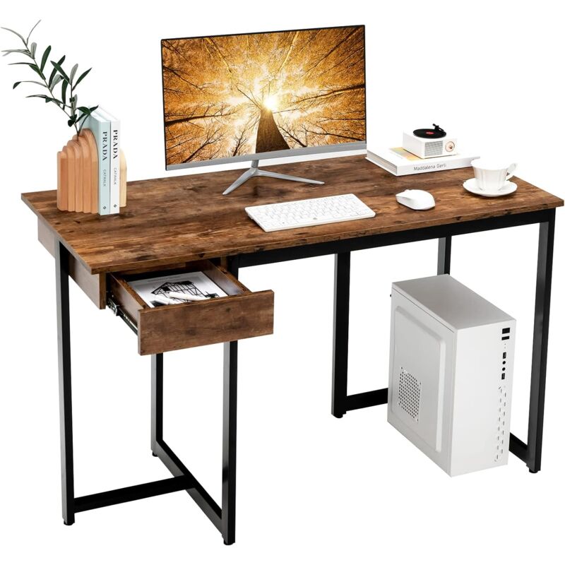 foto del prodotto costway scrivania per computer da 120 cm con cassetto, scrivania per ufficio con struttura in metallo e piedini regolabili, per studio e soggiorno,