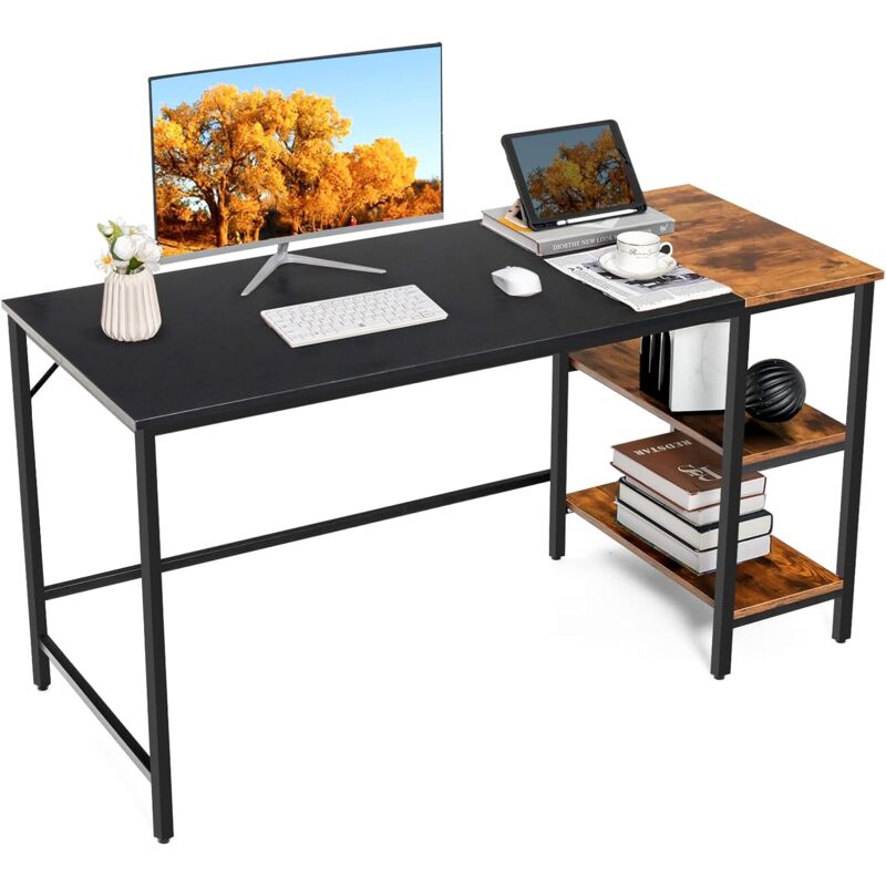 foto del prodotto costway scrivania per computer da 140 cm, scrivania per pc portatile con ripiani, telaio in acciaio e ampio piano, scrivania industriale per