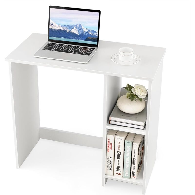 foto del prodotto costway scrivania per computer in legno, scrivania con 2 ripiani per ambienti piccoli, scrivania moderna e salvaspazio da casa e ufficio, bianco,