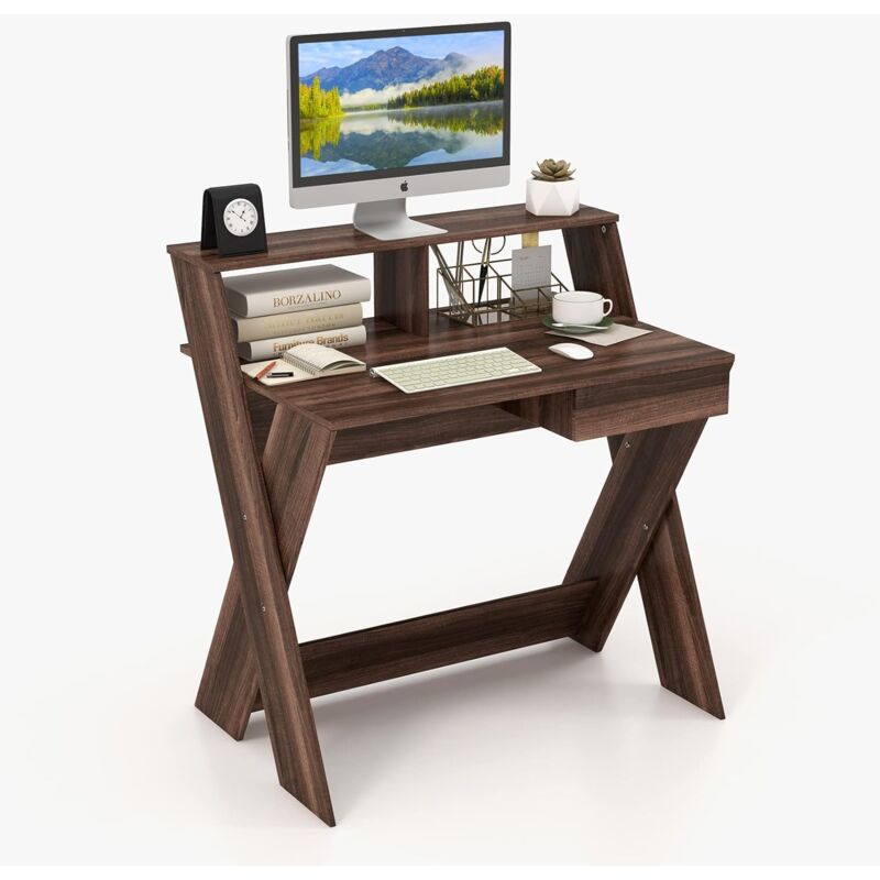 foto del prodotto costway scrivania per computer in legno, scrivania con cassetto, portaoggetti e supporto per monitor, poggiapiedi e gambe a forma di x, ideale per