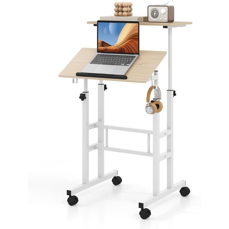 foto del prodotto costway scrivania per computer regolabile in altezza, postazione di lavoro per computer con ruote e ganci, tavolo porta pc per studio e ufficio, 60 x