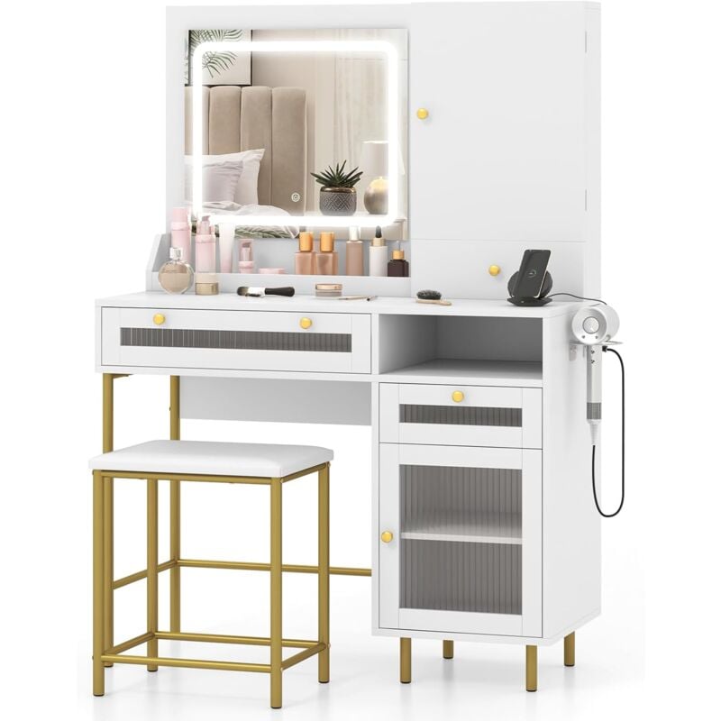 foto del prodotto costway scrivania per trucco con specchio e luci, set tavolo da trucco moderno con sgabello e stazione di ricarica, luci led a 3 colori, armadio