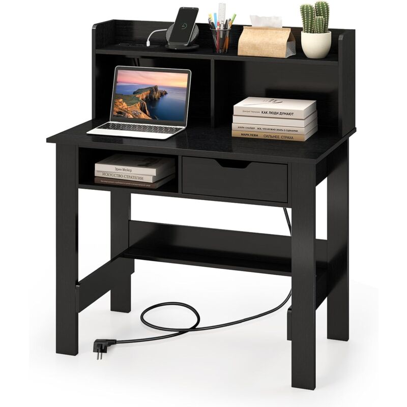 foto del prodotto costway scrivania piccola con libreria, scrivania salvaspazio con prese di corrente, porte usb, tipo c, cassetto, ripiano superiore e ripiano