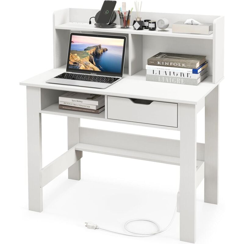 foto del prodotto costway scrivania piccola con libreria, scrivania salvaspazio con prese di corrente, porte usb, tipo c, cassetto, ripiano superiore e ripiano