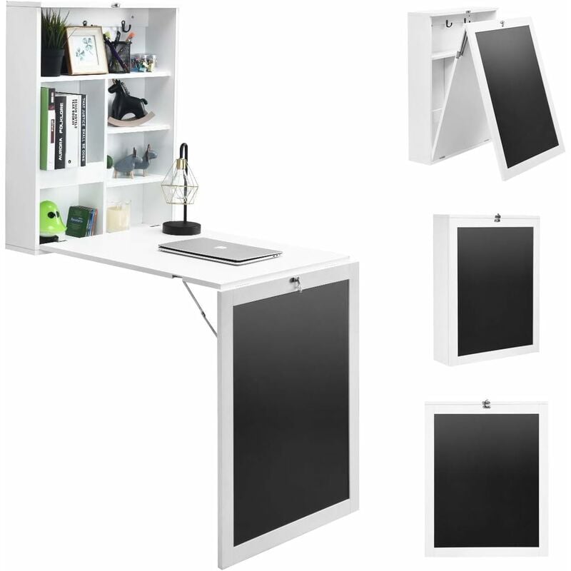 foto del prodotto costway scrivania pieghevole con scaffali, comoda scrivania richiudibile a parete con lavagna, 75 x 15,5 x 60 cm, bianco