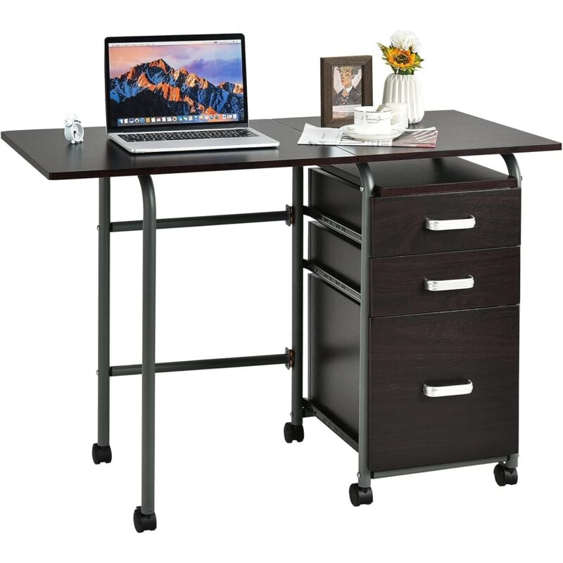 foto del prodotto costway scrivania pieghevole per computer, tavolo porta pc con 3 cassetti rimovibili e ruote bloccabili, tavolo di legno moderno e salvaspazio per