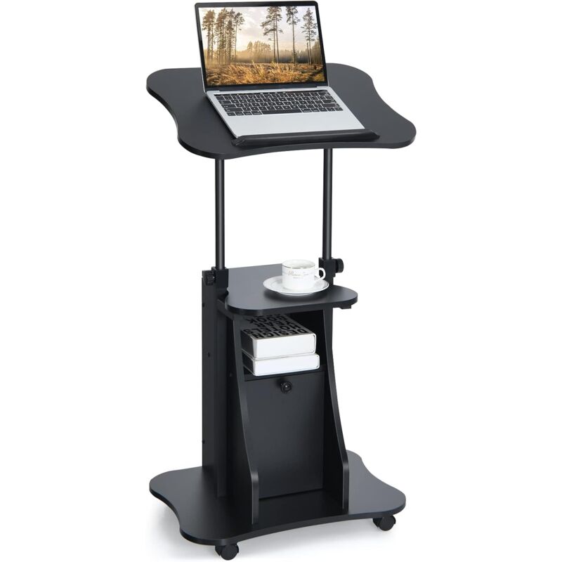 foto del prodotto costway scrivania regolabile in altezza con ruote, standing desk mobile con piano inclinabile e scomparti, scrivania per laptop ergonomica con
