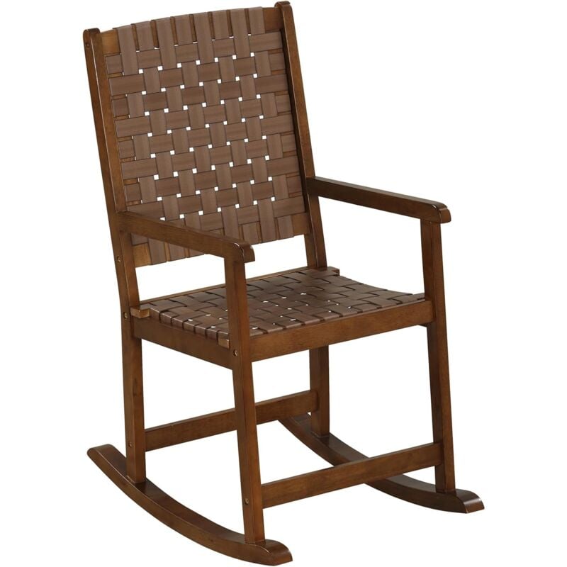 foto del prodotto costway sedia a dondolo in legno, sedia a dondolo da interno ed esterno con seduta in pu, sedia a dondolo ergonomica per portico, cortile, marrone