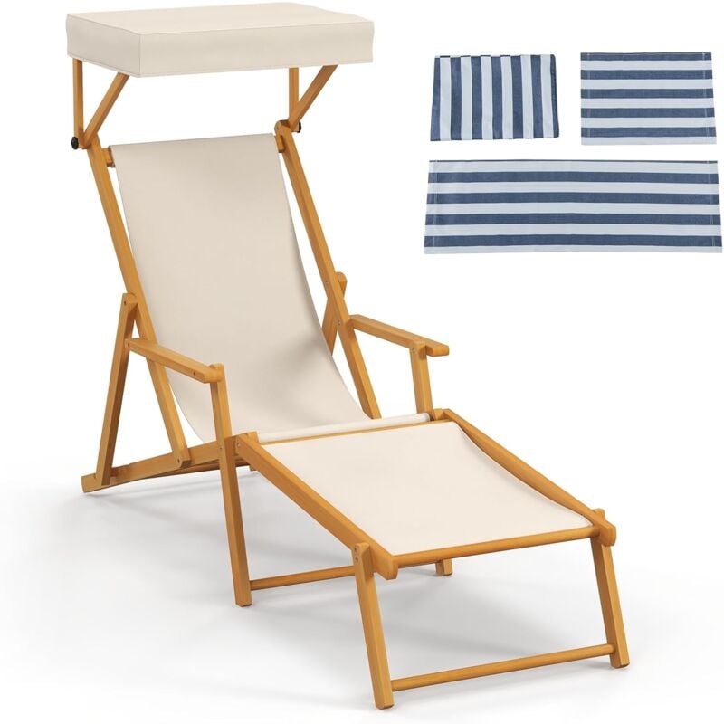 foto del prodotto costway sedia a sdraio in legno di betulla, lettino prendisole da giardino, sedia da spiaggia pieghevole con cappottina regolabile e rimovibile,
