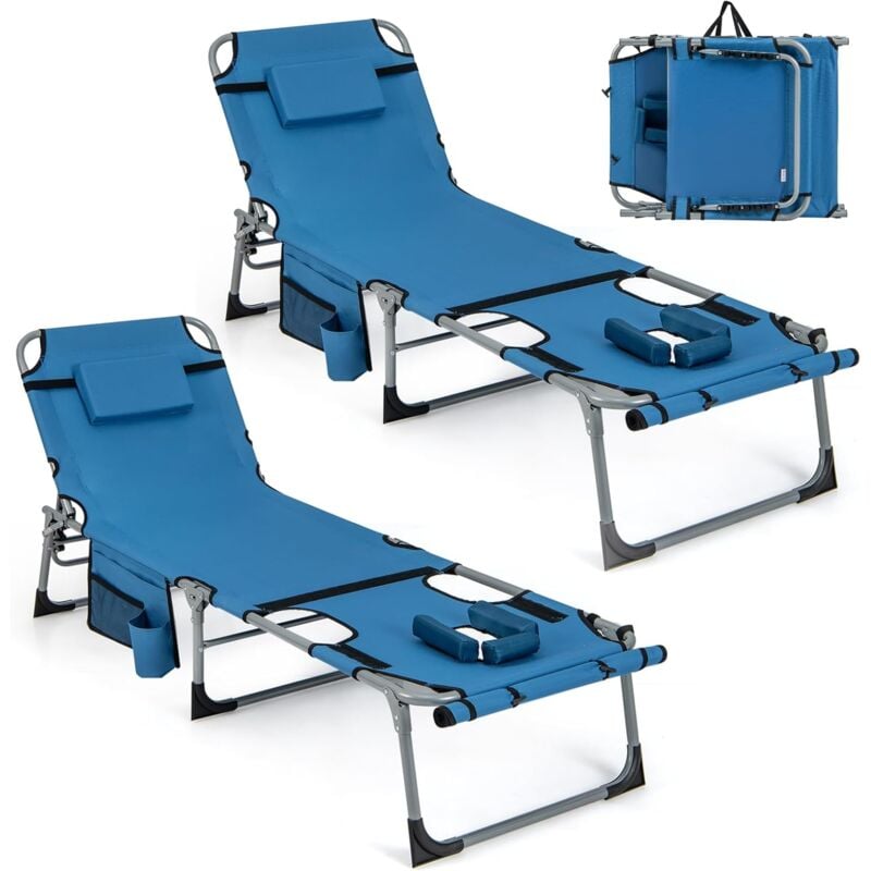 foto del prodotto costway sedia a sdraio pieghevole, lettino prendisole regolabile in metallo, con poggiatesta, cuscino e tasca, per spiaggia, giardino, balcone,